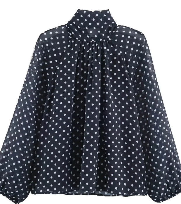Ladies 100+ Chiffon blouse with bow collar, puff sleeves and polka dot print Mune Fashion