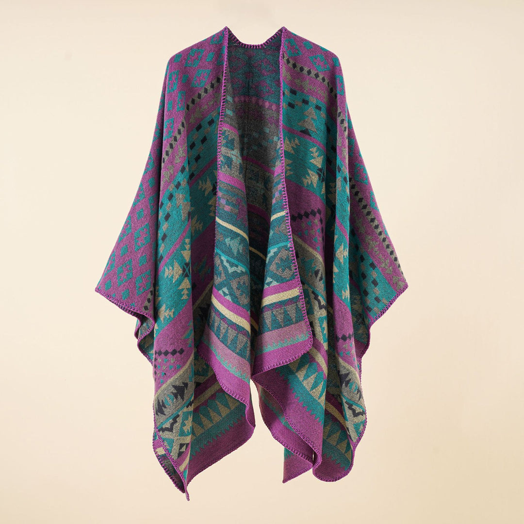 Women's coarse woven ethnic poncho with fringes Mune Fashion