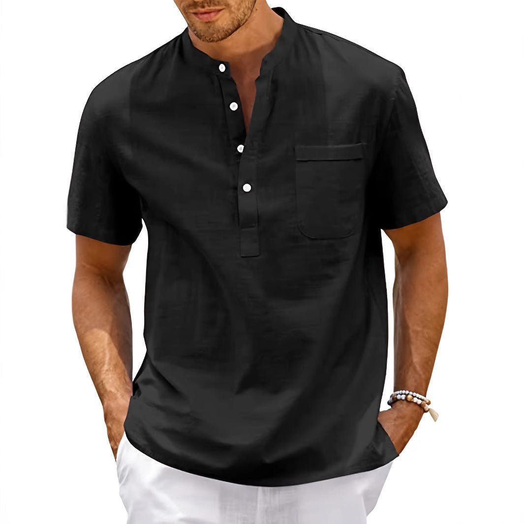 Men's Comfortable Short Sleeve Shirt with Stand Collar Mune Fashion