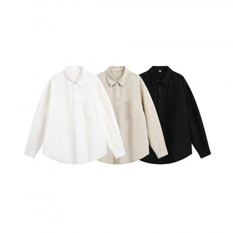 Unisex Oversize Light Linen Blend Shirt with Chest Pocket, Notched Collar and Sleeve Cuff Mune Fashion