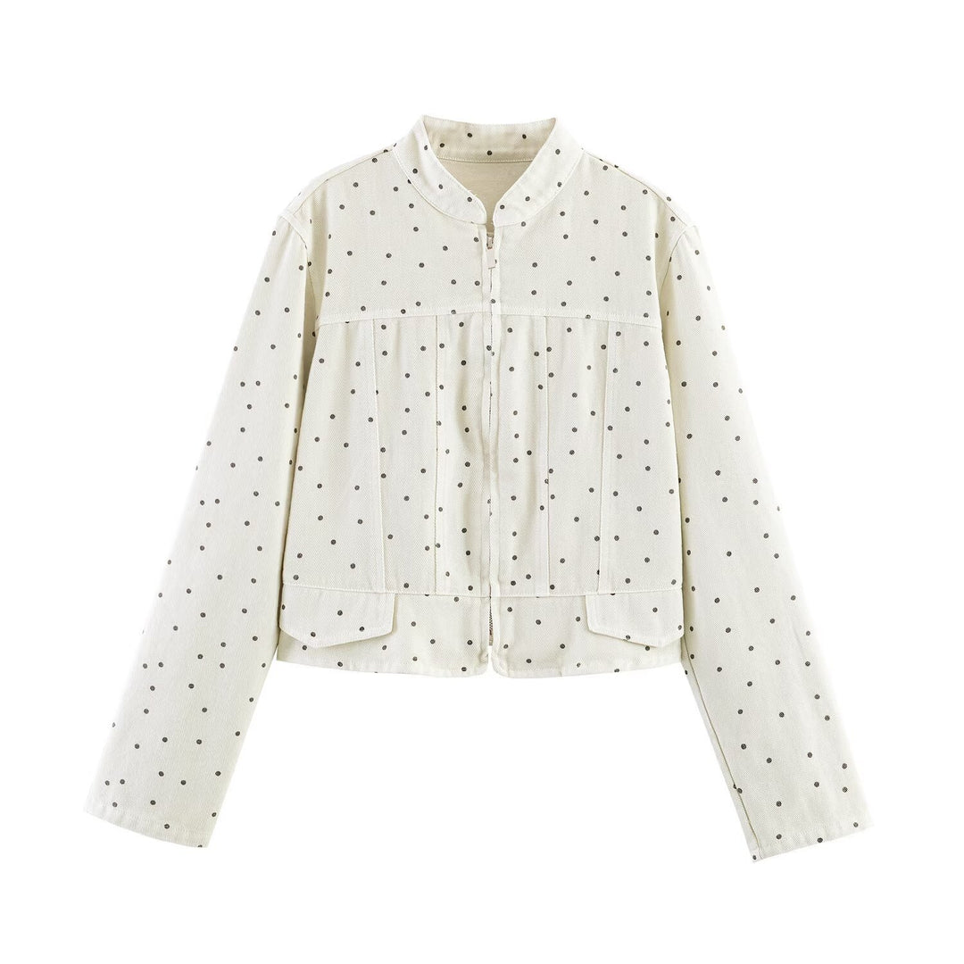 Women Dotted Cropped Jacket with Stand Collar, Zip and Patch Pockets Mune Fashion