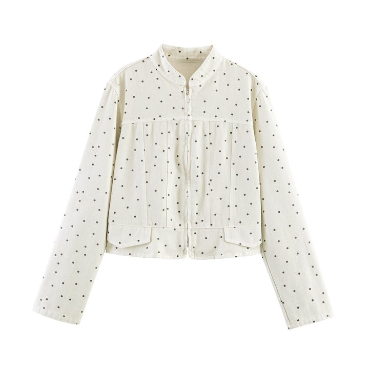 Women Dotted Cropped Jacket with Stand Collar, Zip and Patch Pockets Mune Fashion