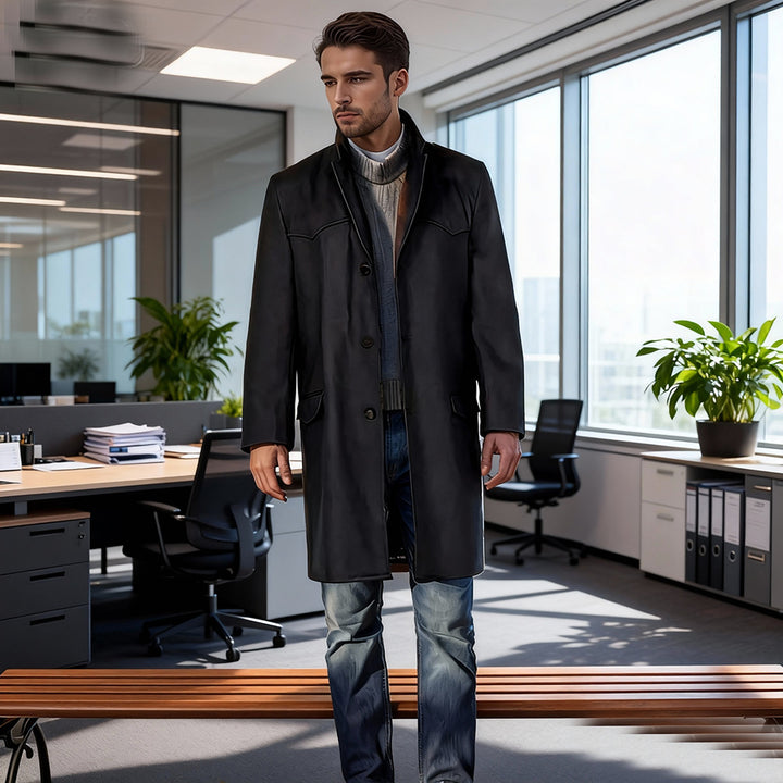 Men's coat made of wool blend in Western style with stand-up collar and flap pockets Mune Fashion
