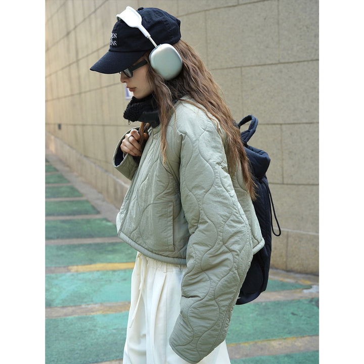 Women's Short Cut Quilted Bomber Jacket with Teddy Lining Mune Fashion