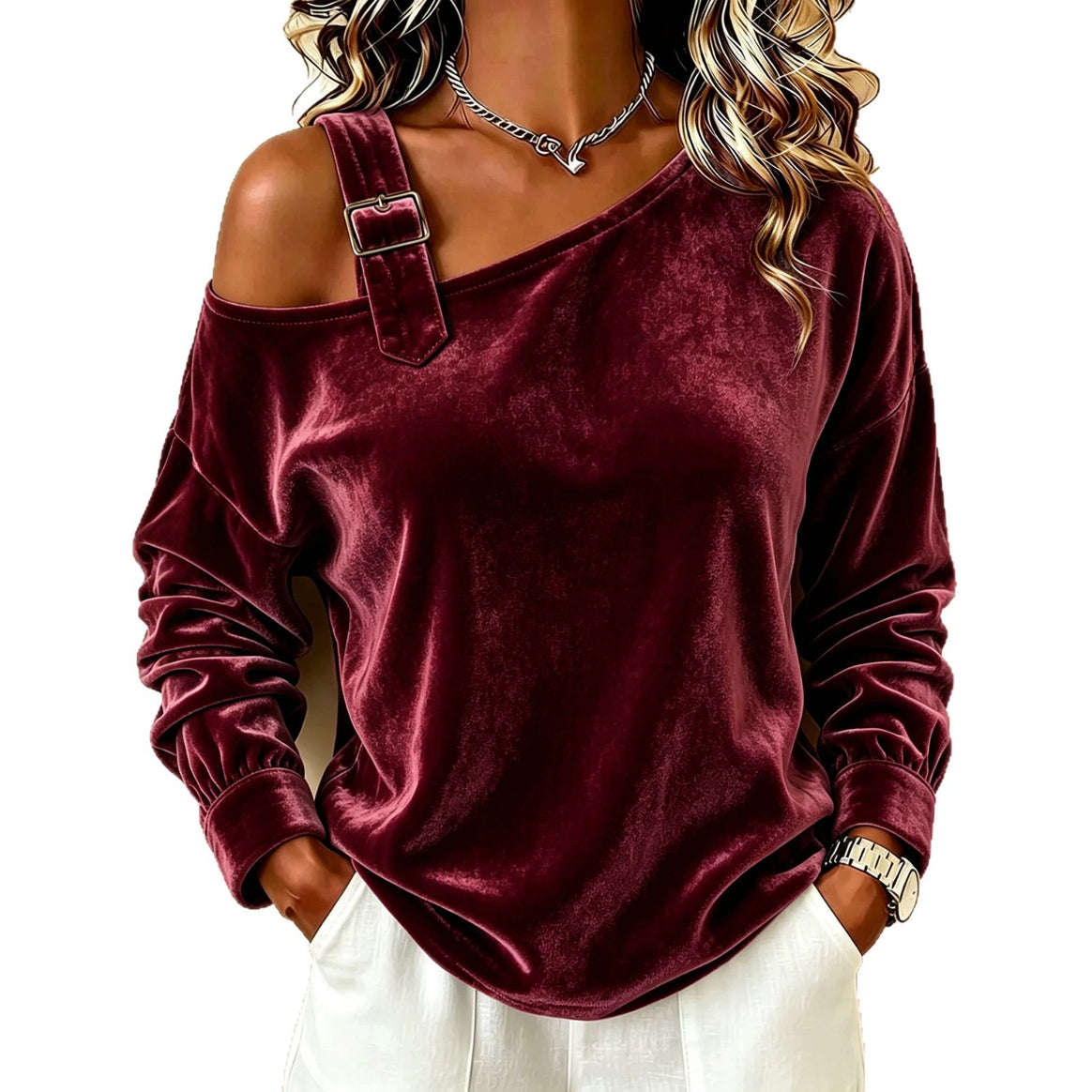 Women's velvet sweatshirt with asymmetric Carmen neckline and decorative buckle Mune Fashion