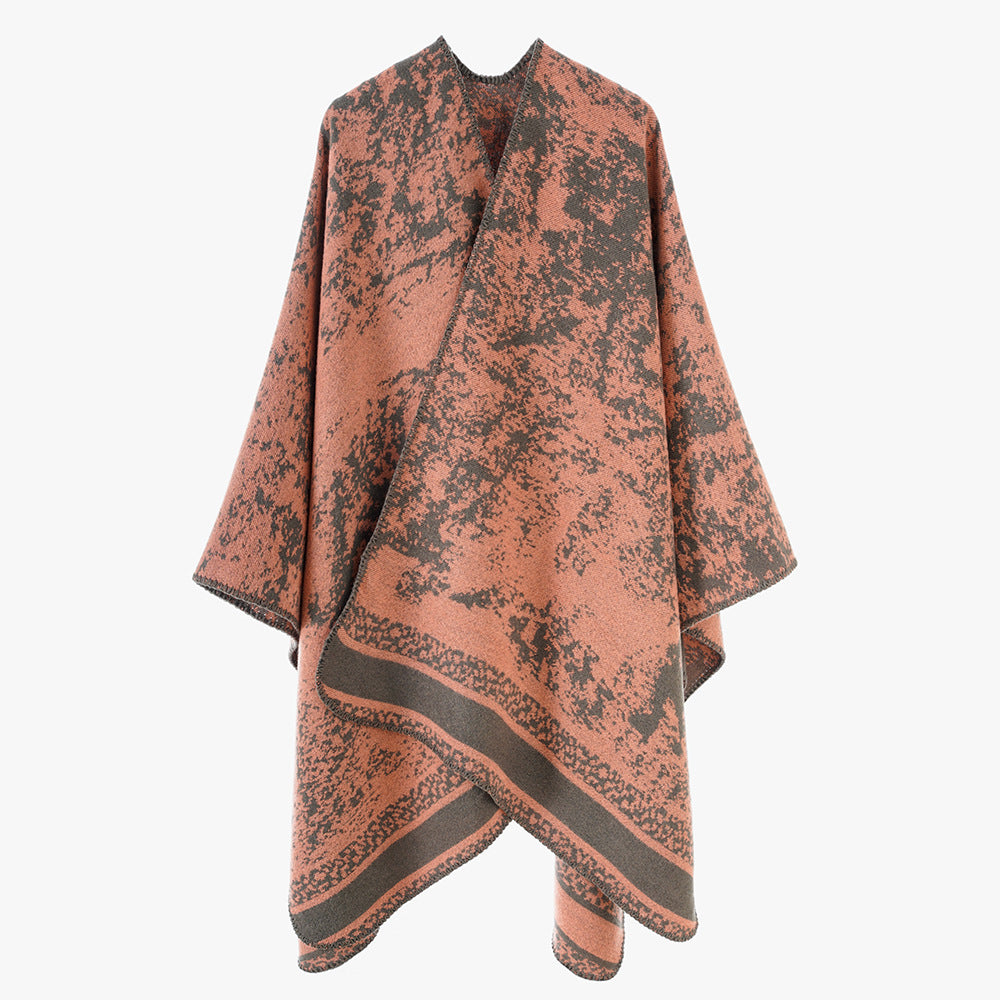 Women's jacquard wrap poncho with open front, boxy silhouette, and finely hemmed edge Mune Fashion