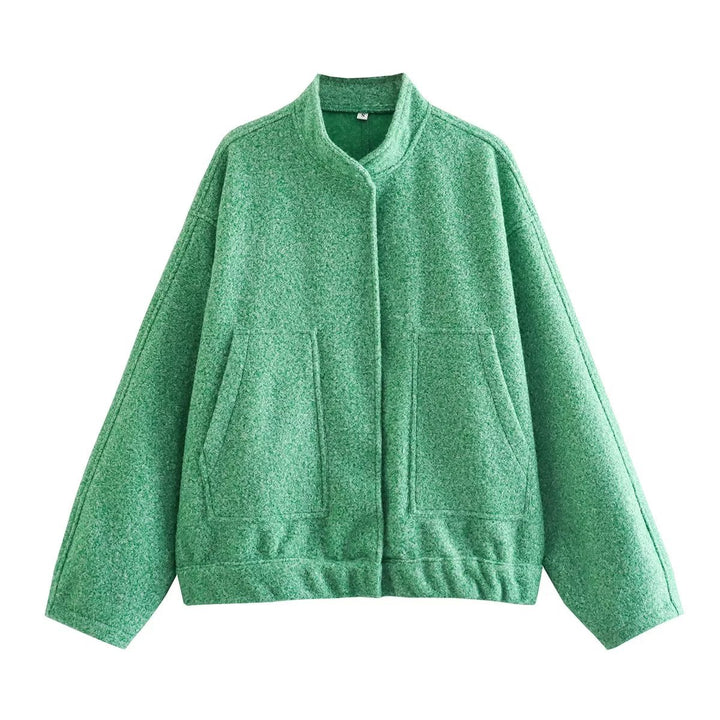 Women’s nan boxy wool blend blouson with stand-up collar, concealed front placket, side pockets and elastic hem Mune Fashion
