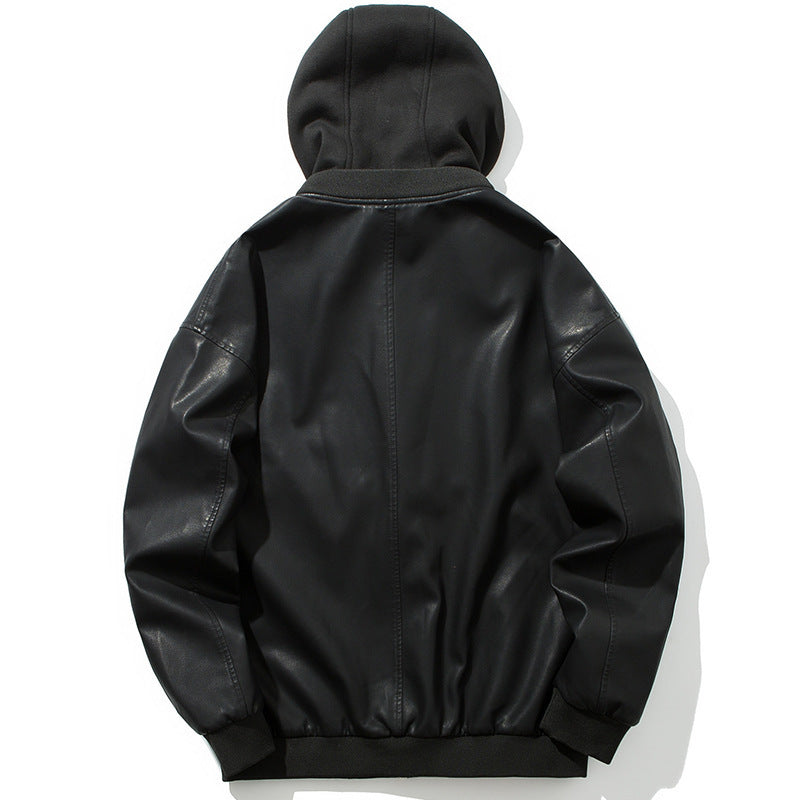 Men's Faux Leather Bomber Jacket with Hood, Zipper, and Ribbed Cuffs Mune Fashion