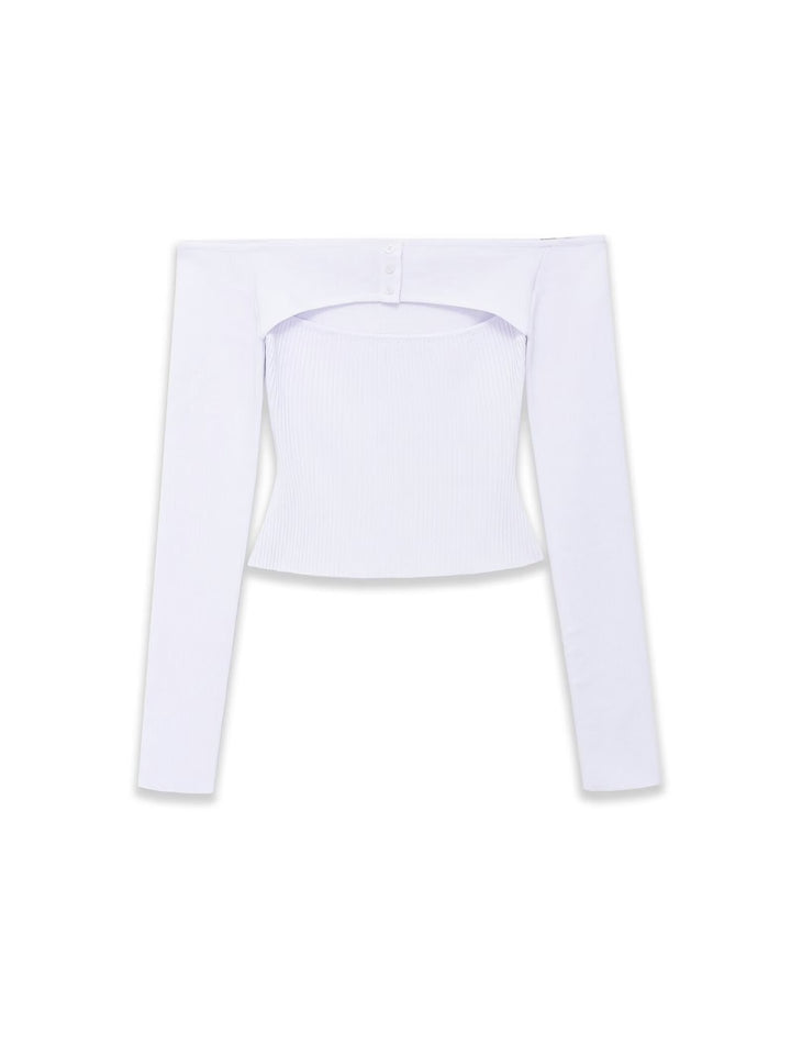 Women Figure-hugging Off-Shoulder Long Sleeve Top with Integrated Bolero and Fine Knit Rib Structure Mune Fashion