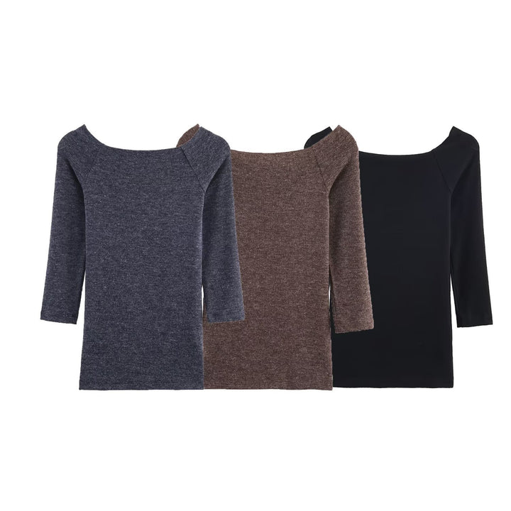 Women's Fitted Fine Knit Tunic with Wide Boat Neck and 3/4 Sleeves Mune Fashion