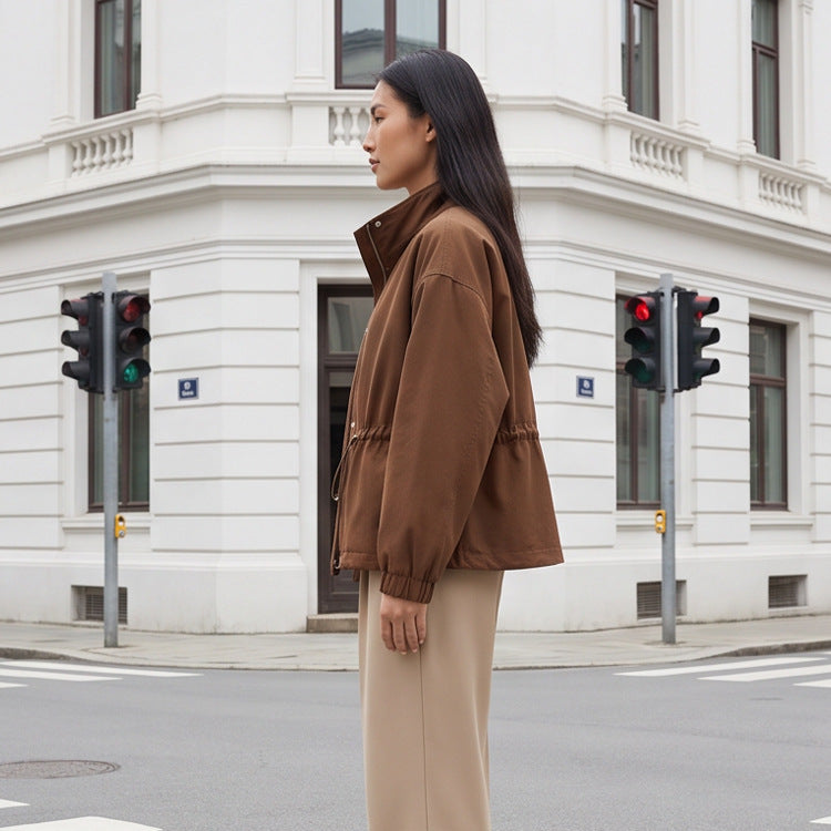 Women's utility field jacket with drawstring waist, high collar, and elastic cuffs Mune Fashion