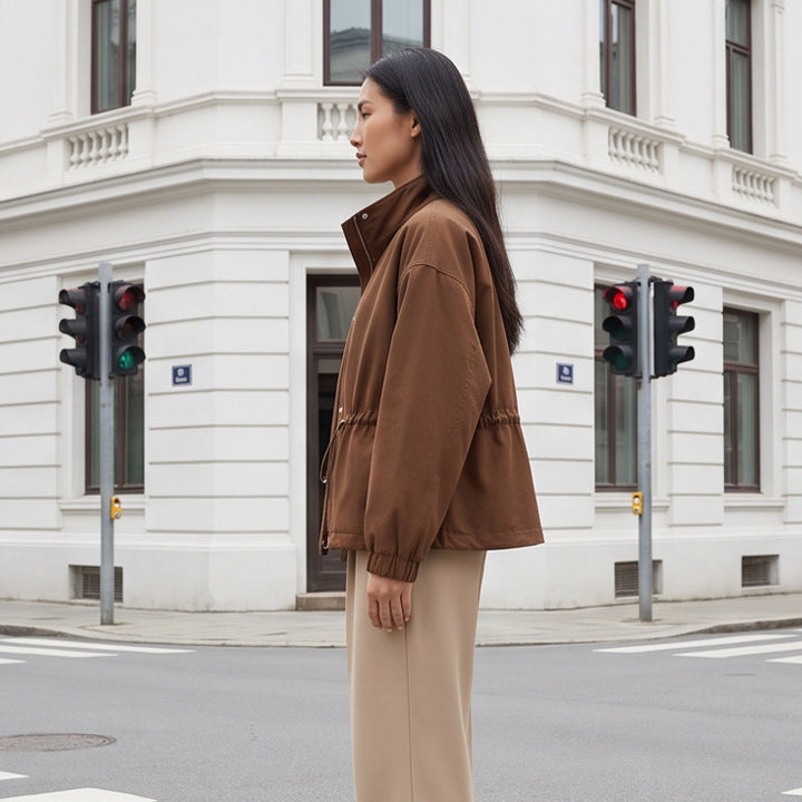 Women's utility field jacket with drawstring waist, high collar, and elastic cuffs Mune Fashion