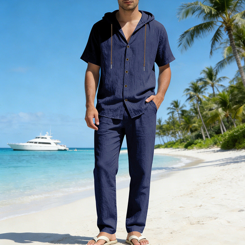 Men's urban leisure set with short-sleeved hoodie shirt, button placket, and straight comfort pants with drawstring Mune Fashion
