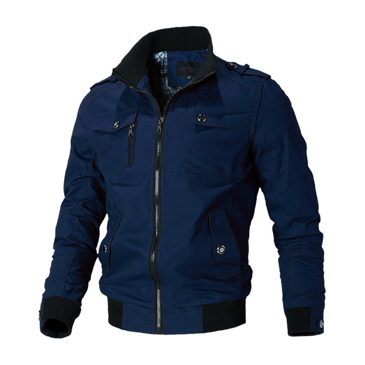 Men's rugged canvas bomber jacket with epaulettes, zip front, and ribbed hems Mune Fashion