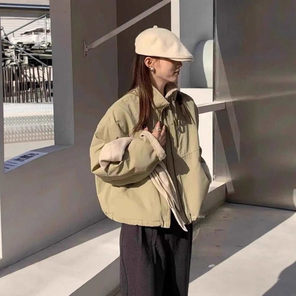Women's Short Oversized Bomber Jacket with Teddy Lining at Cuffs and Stand Collar Mune Fashion