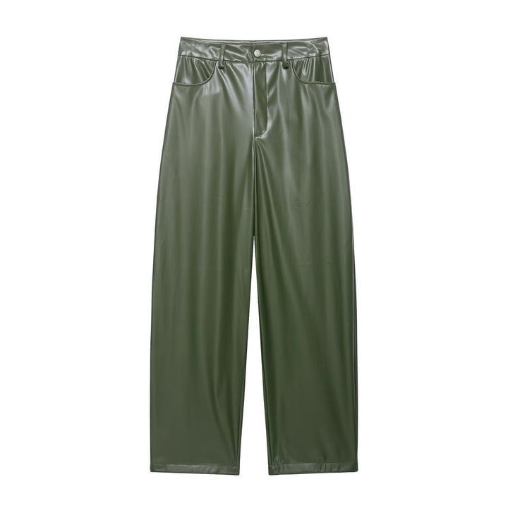 Women's Two-Piece PU Leather Ensemble with Field Jacket, Drawstring Waist and High-Waist Wide-Leg Pants Mune Fashion