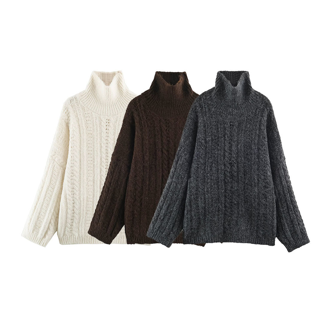 Women's Chunky Knit Oversized Sweater with High Turtleneck and Cable Pattern Mune Fashion
