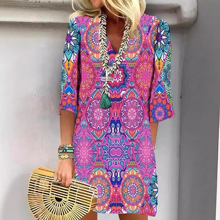 Women's short Boho beach dress in mandala print with V-neck, three-quarter sleeves, and casual A-line Mune Fashion