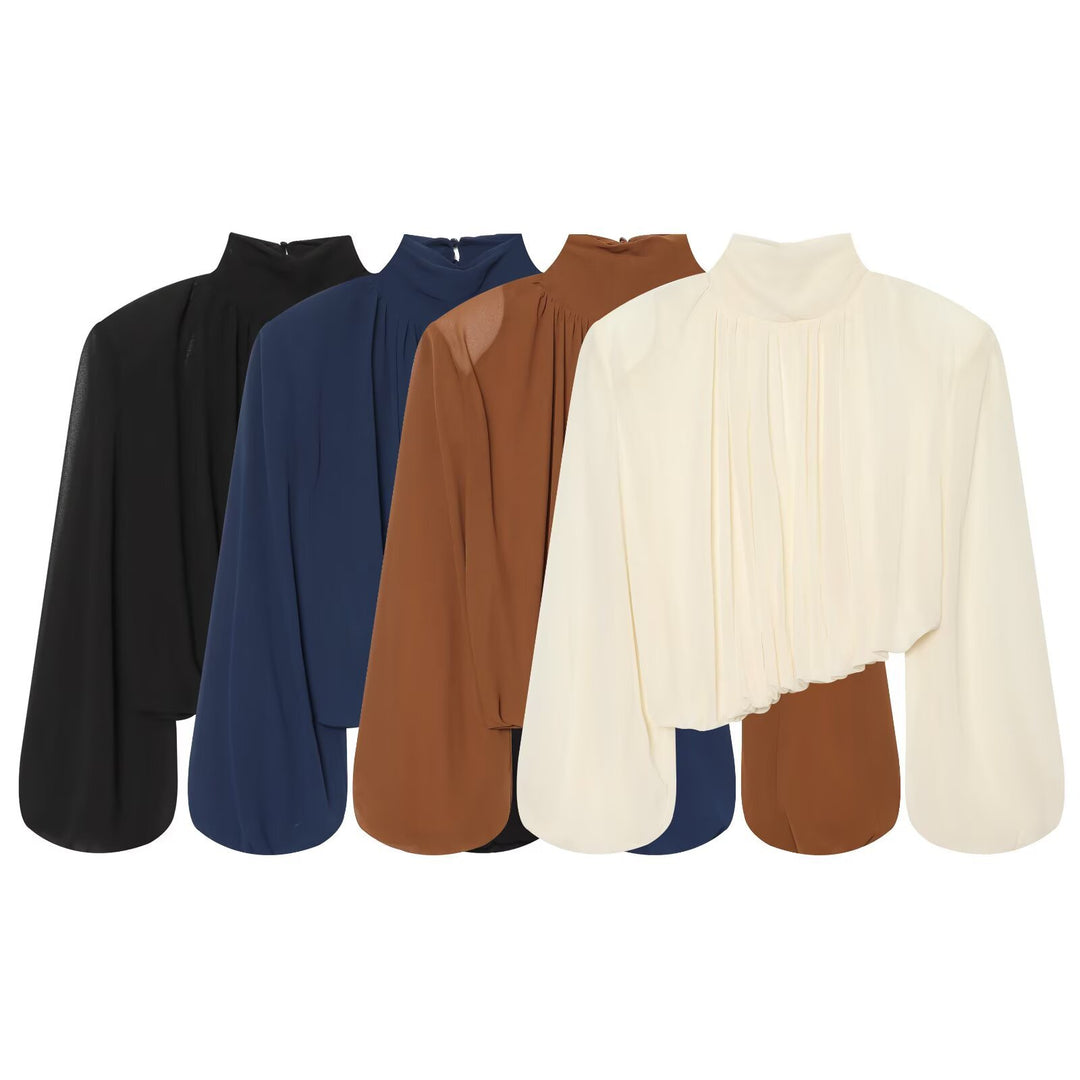 Ladies Pleated Blouse with Stand Collar and Balloon Sleeves Mune Fashion