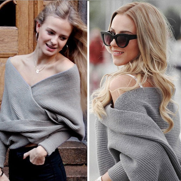 Women's Wrap Knit Top with Deep V-Neckline and Wide Sleeves Mune