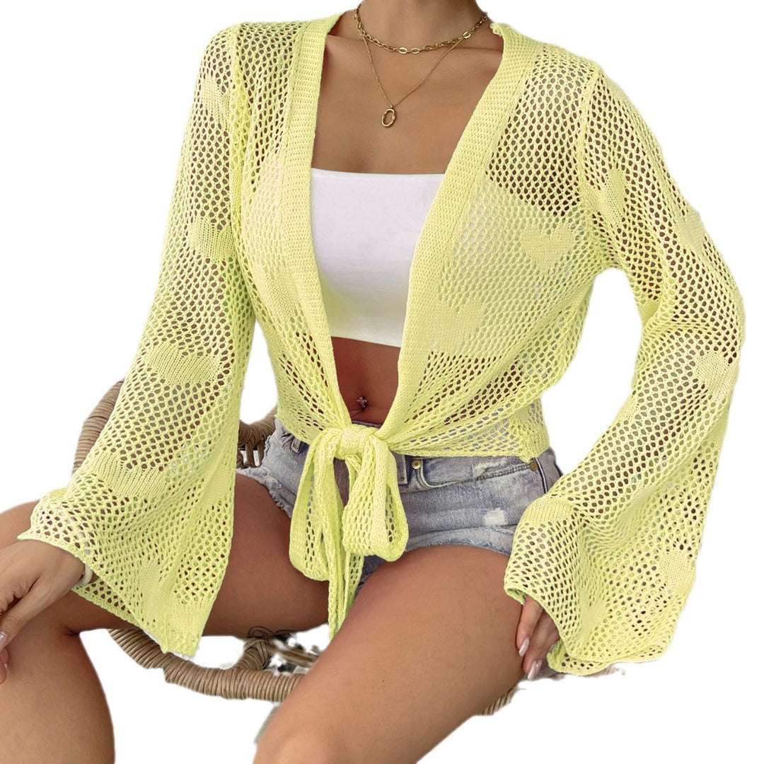 Women's airy knitted kimono with open front and drawstring