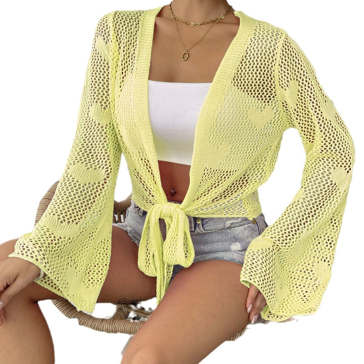 Women's airy knitted kimono with open front and drawstring