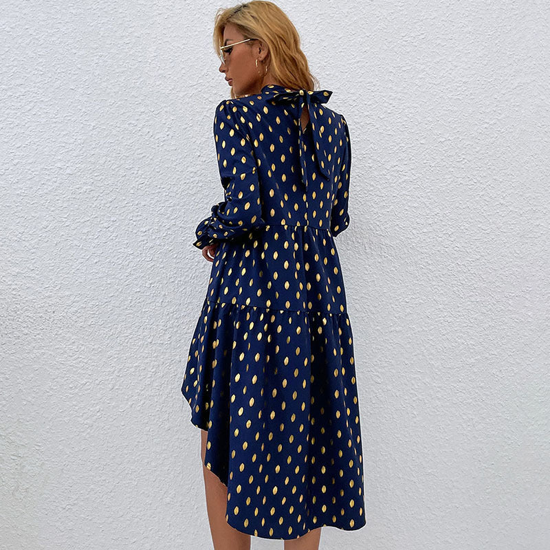 Ladies Ruffle Tiered Dress with Gathered Stand-Up Collar and Shiny Dots Mune Fashion