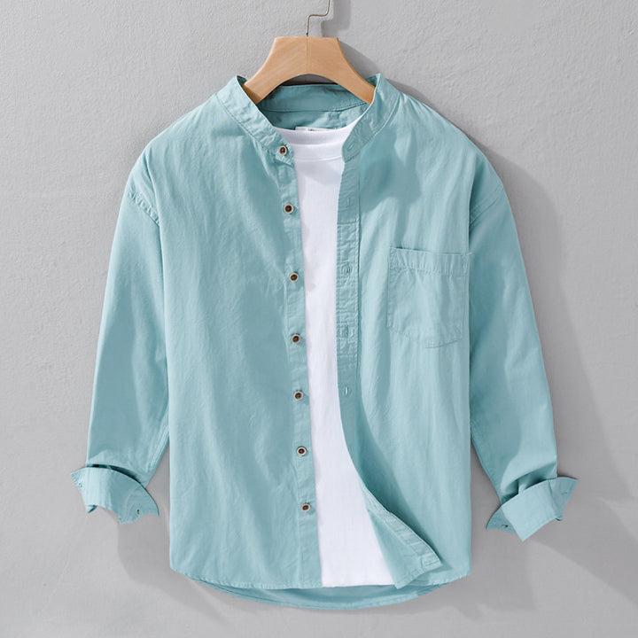 Men's shirt jacket in Mandarin style made of cotton twill, relaxed fit, with patch chest pocket and wooden buttons Mune Fashion