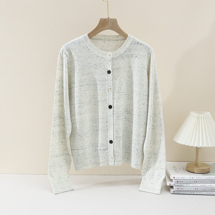 Women Lightweight Knitted Short Cardigan with Round Neck, Mélange Structure and Contrasting Buttons Mune Fashion