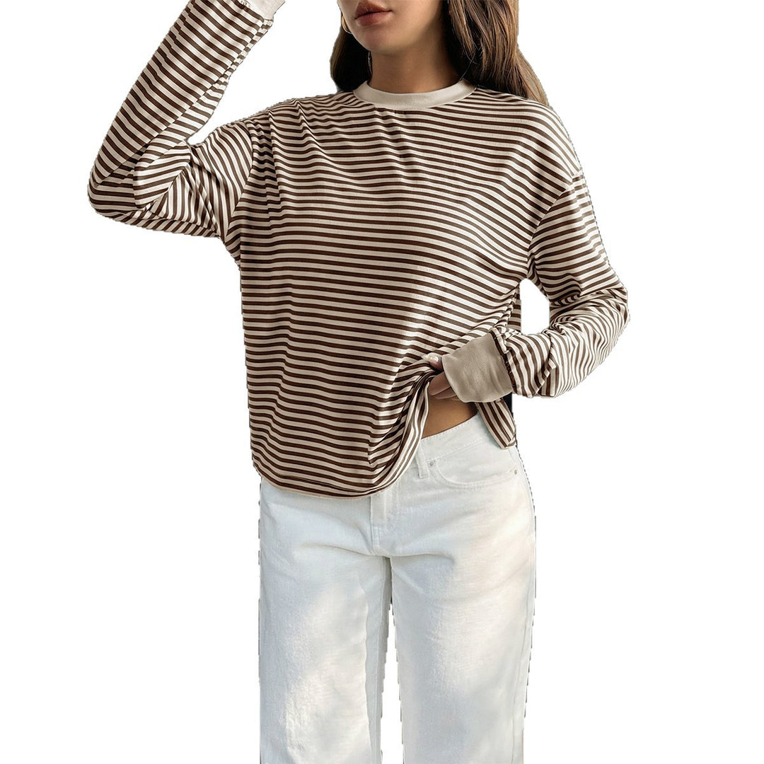Women's casual striped oversized long sleeve with contrasting round neckline and extended back hem Mune Fashion