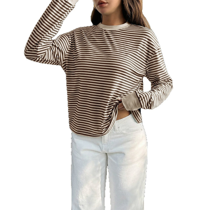 Women's casual striped oversized long sleeve with contrasting round neckline and extended back hem Mune Fashion