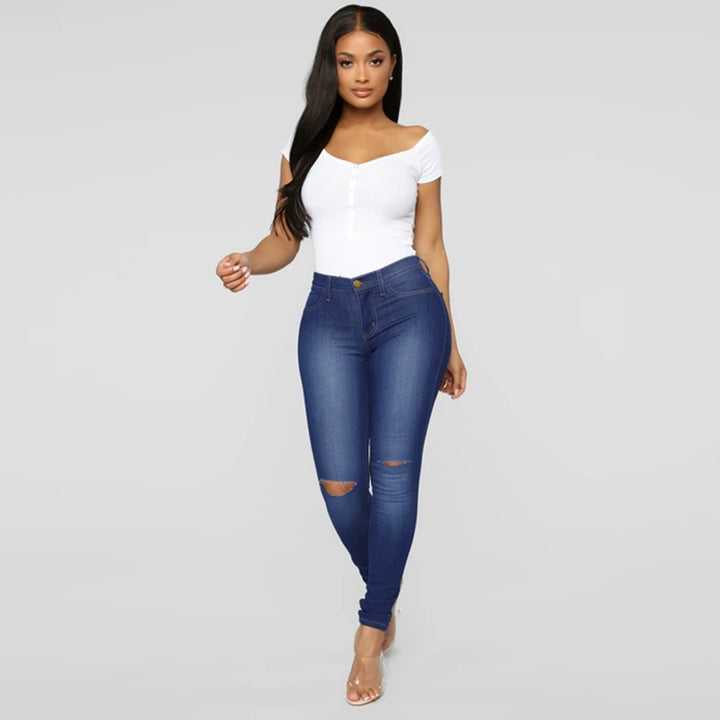 Women's High-Waist Skinny Jeans with Knee Rips and Figure-Flattering Cut Mune Fashion