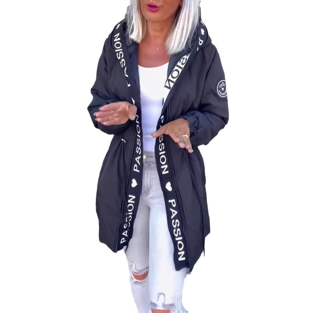 Women's Hooded Parka with Drawstring Waist and Logo Band Zipper Mune Fashion