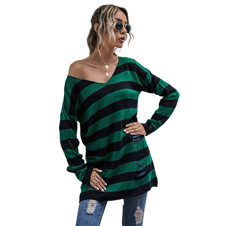Women Off-Shoulder Knit Sweater with Stripes Mune Fashion
