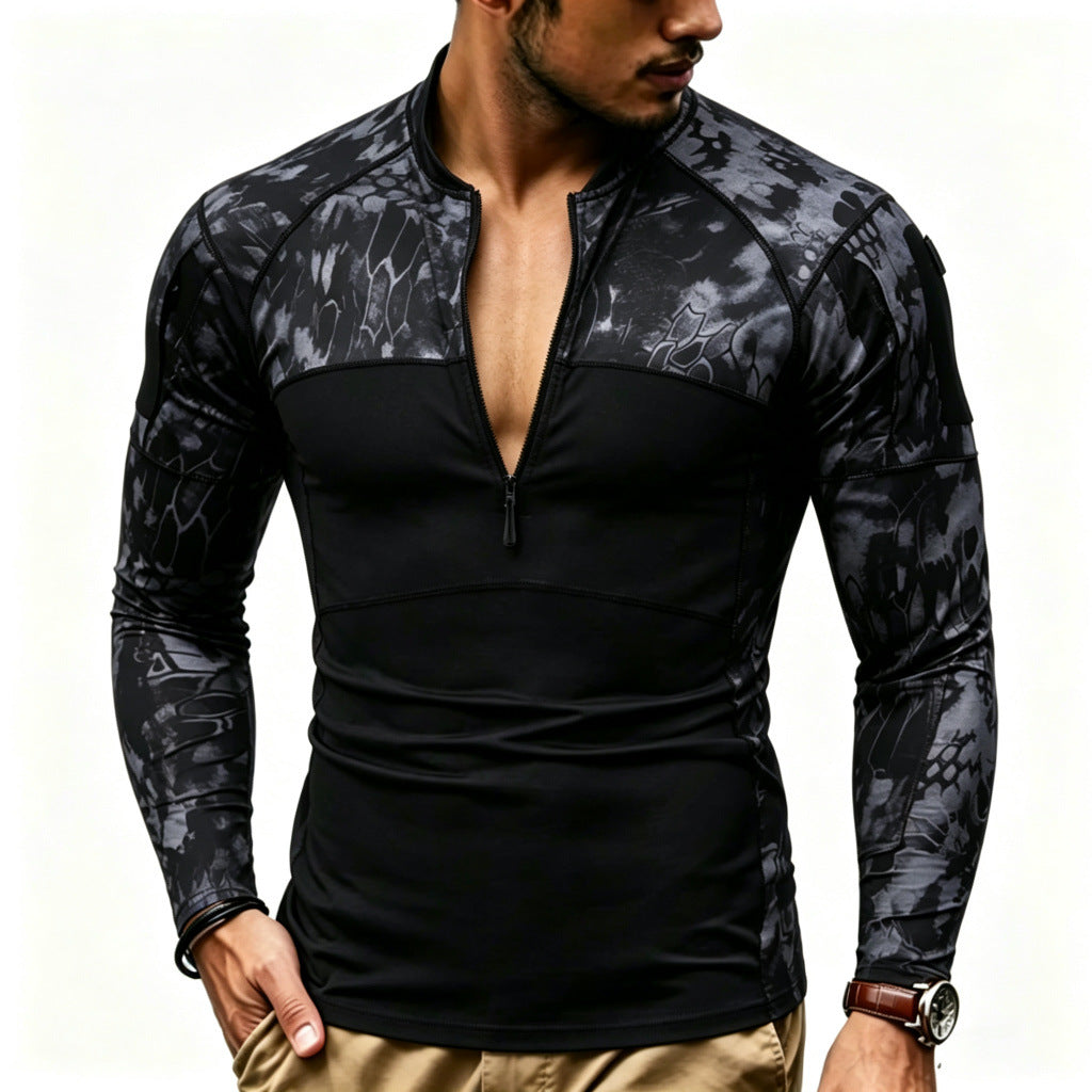 Men's Compression Long Sleeve Top with Half Zip and Tactical Camouflage Design Mune Fashion