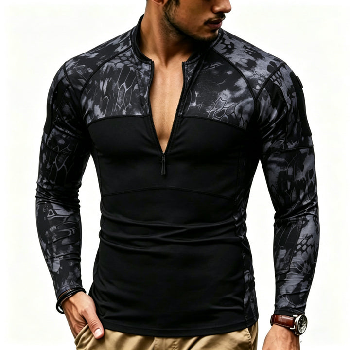 Men's Compression Long Sleeve Top with Half Zip and Tactical Camouflage Design Mune Fashion
