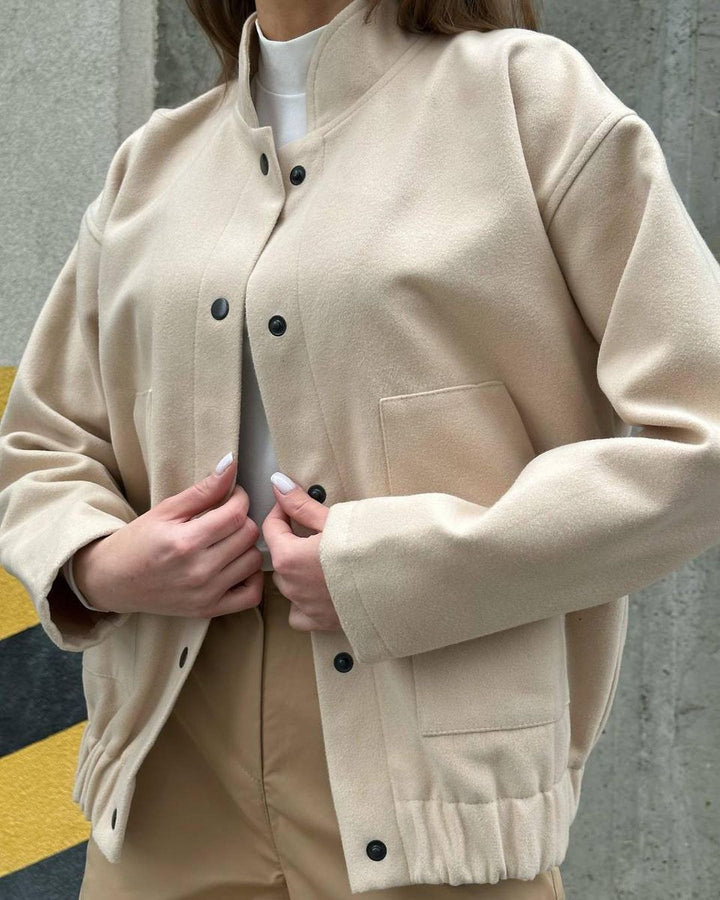 Ladies short-cut bomber jacket made of wool blend with snap button closure and elastic hem Mune Fashion