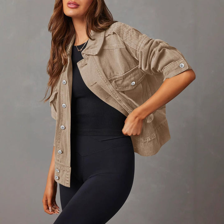 Women's oversized denim jacket with patch breast pockets and roll-up sleeves Mune Fashion