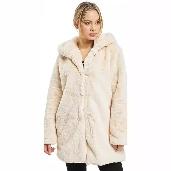 Women's Midi Length Faux Fur Coat with Hood, Teddy Finish and Concealed Button Placket Mune Fashion
