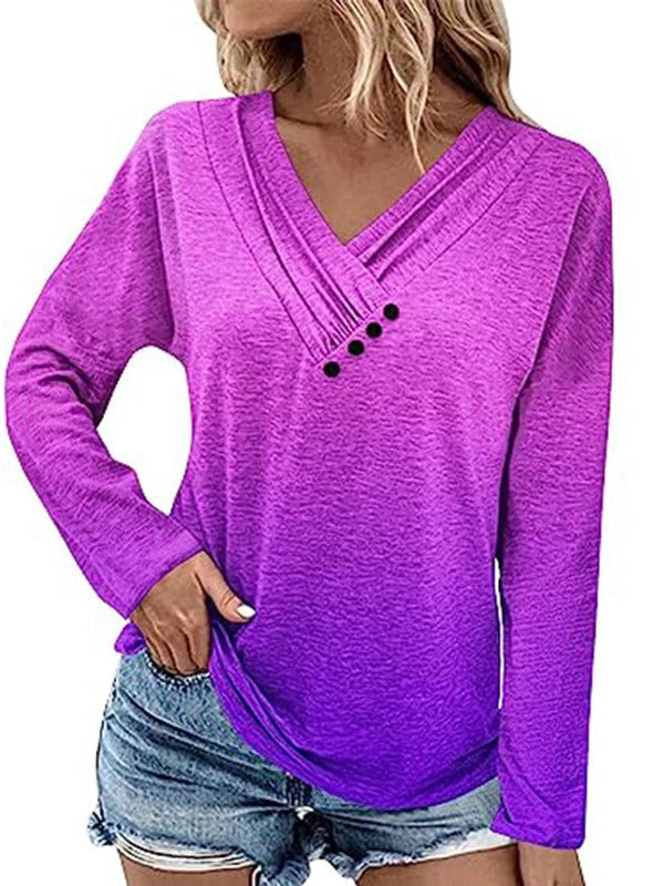 Women's Ribbed V-Neck Sweater with Gradient, Decorative Buttons and Relaxed Fit Mune Fashion