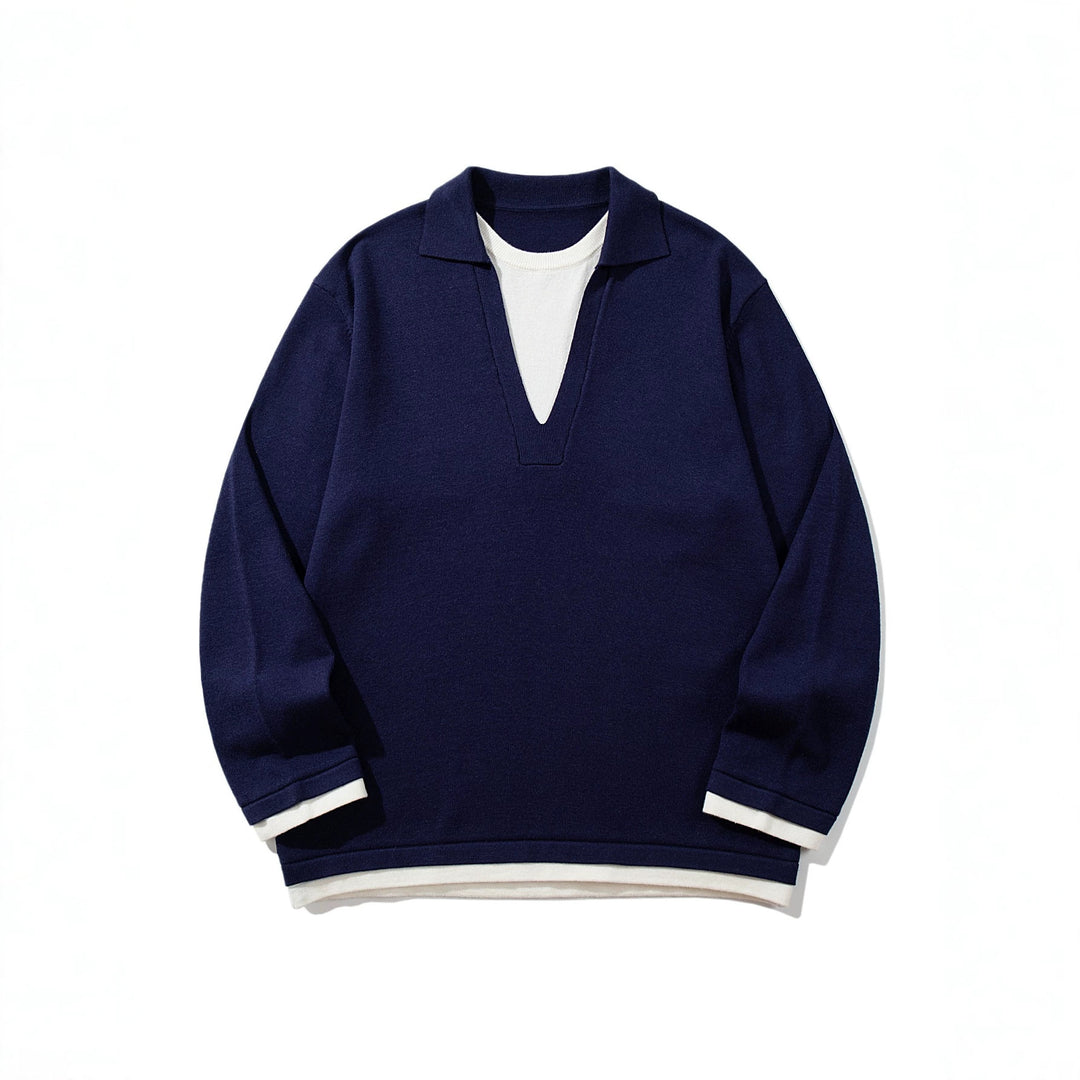 Unisex Casual Oversized Knit Sweater with Deep V Insert and Shirt Layer Look Mune Fashion