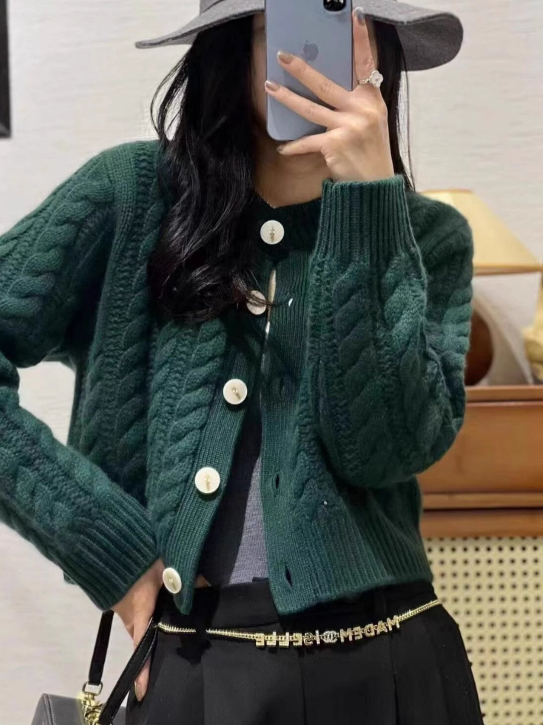 Women Short Braided Knit Cardigan with Wide Rib Hem and Large Buttons Mune Fashion