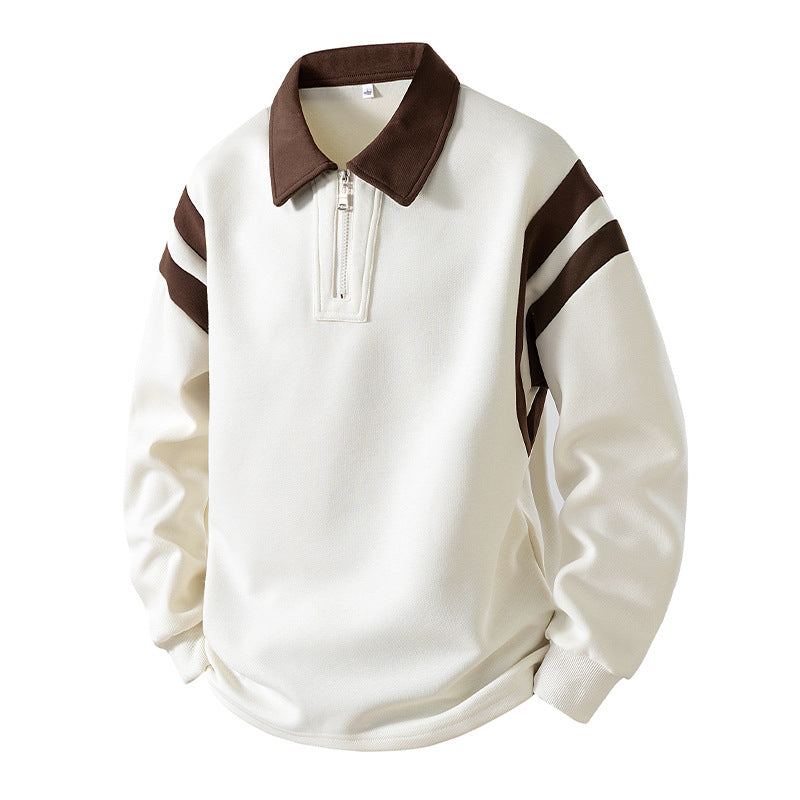 Men's Retro Sporty Rugby Pullovers with Half High Zipper and Contrasting Shirt Collar Mune Fashion