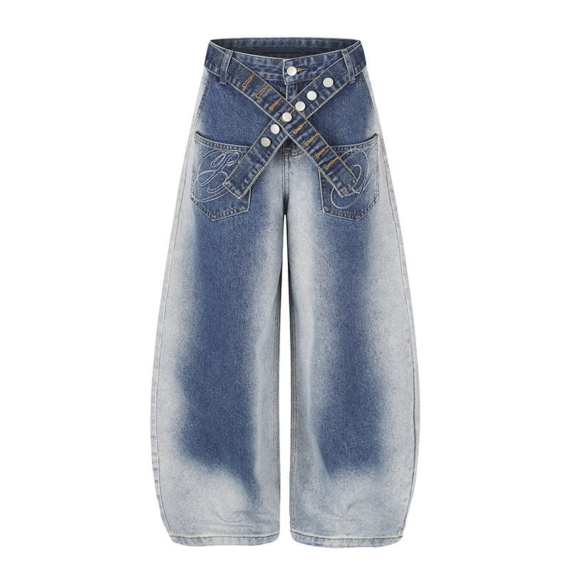Women's Extra Wide High-Waist Palazzo Jeans with Crossed Decorative Waistband and Embroidered Pockets Mune Fashion