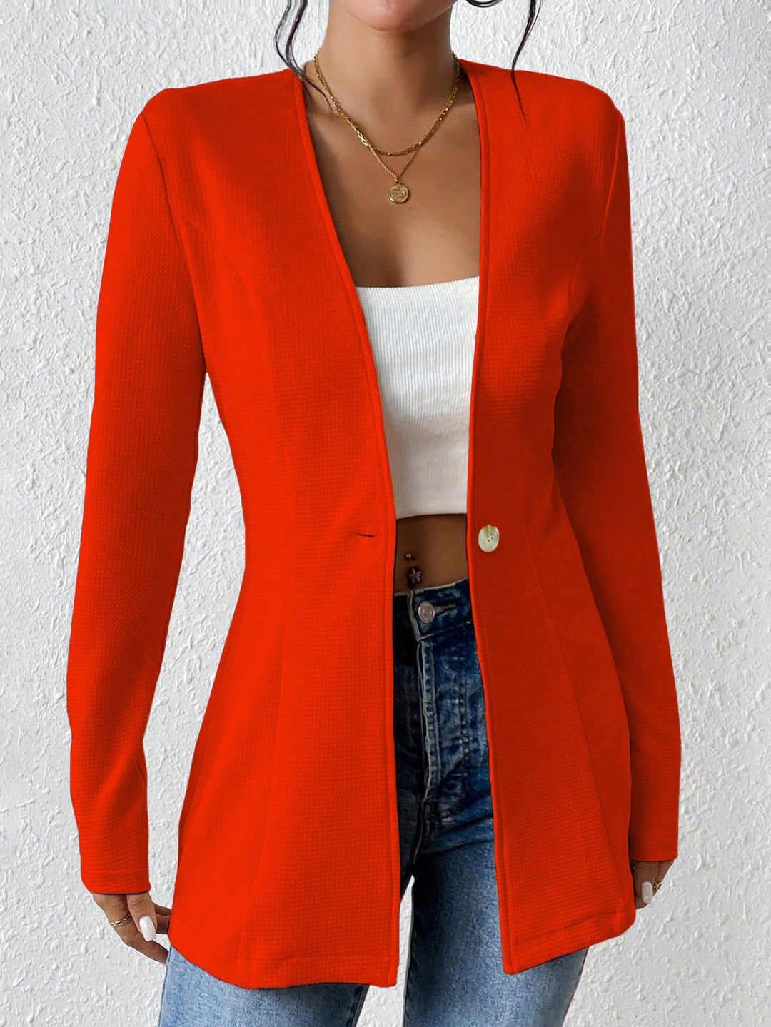Women's Tailored Collarless Long Blazer with Single Button Closure Mune Fashion