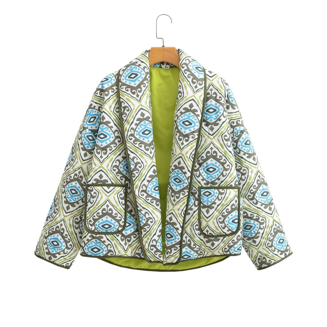 Women's Quilted Kimono Jacket with Graphic Allover Pattern, Shawl Collar and Patch Pockets Mune Fashion