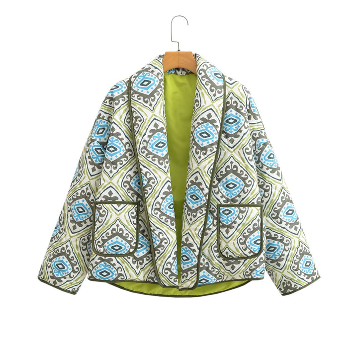 Women's Quilted Kimono Jacket with Graphic Allover Pattern, Shawl Collar and Patch Pockets Mune Fashion