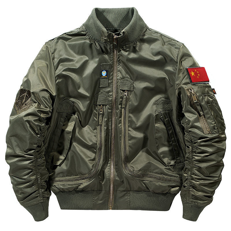 Men's urban bomber jacket in pilot style with multiple zipper and Velcro pockets.