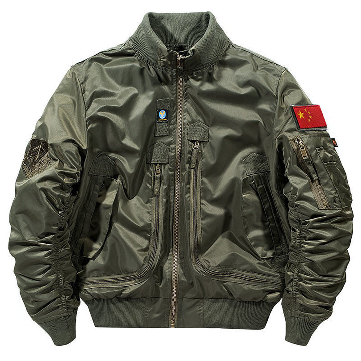 Men's urban bomber jacket in pilot style with multiple zipper and Velcro pockets.