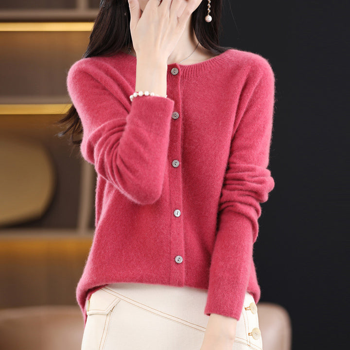 Women's Short-Cut Cardigan in Mohair-Look with Round Neckline and Pearl Buttons Mune Fashion